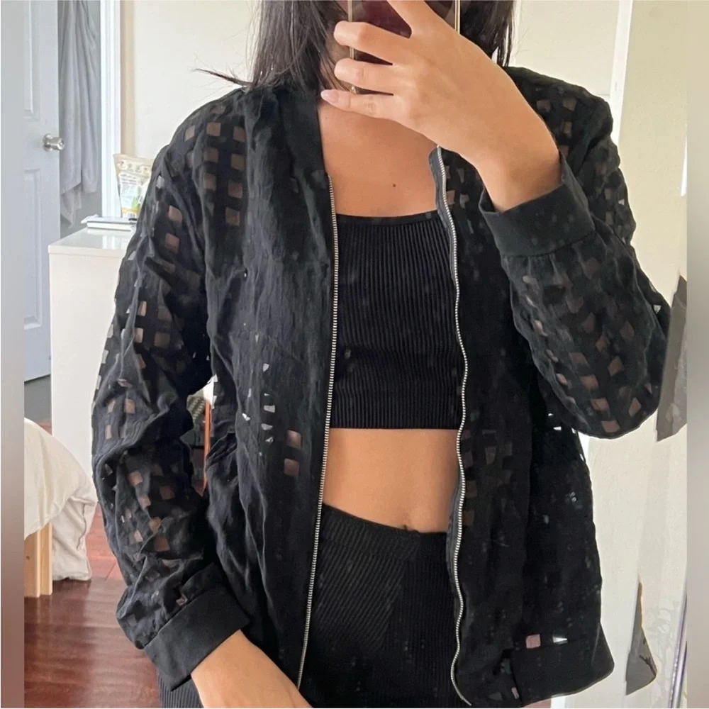 RARE! NWOT Zara Sheer Checkered Bomber Jacket / Cardigan - sz S, Black
